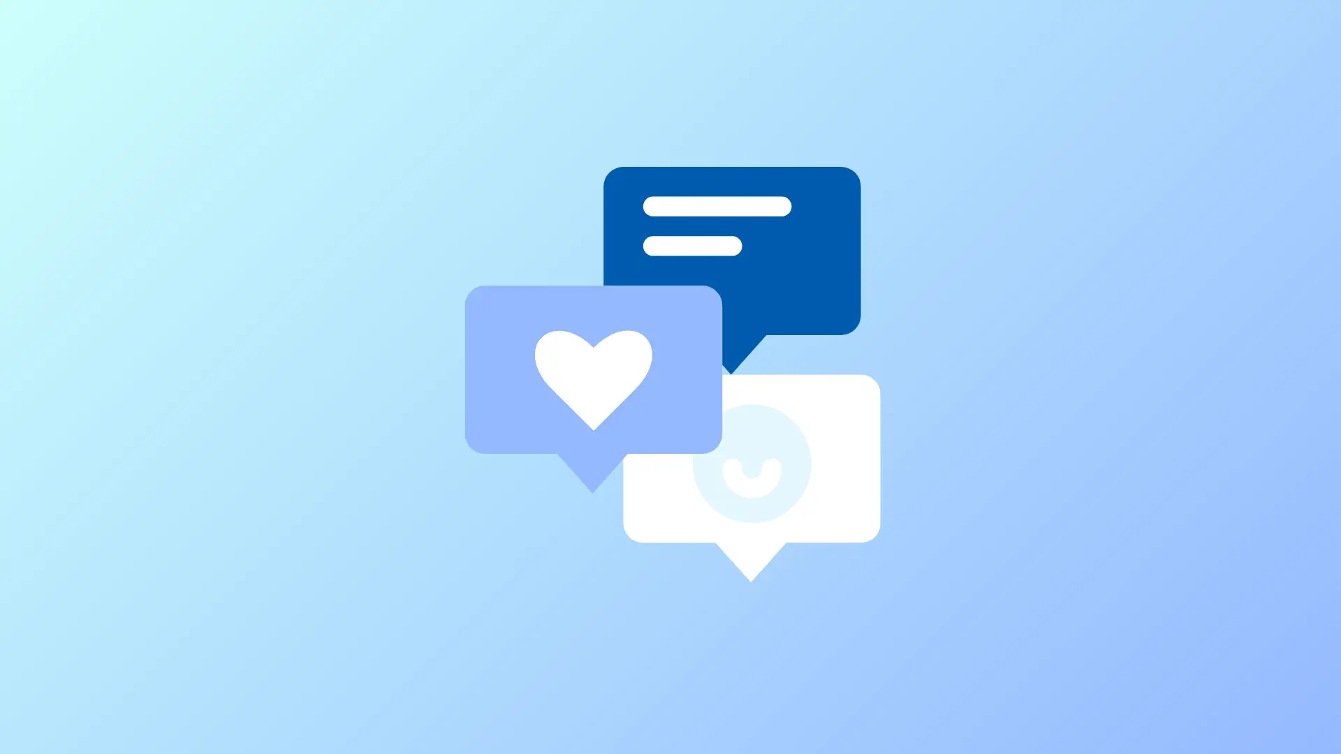 sur fond bleu dégradé, apparaissent des bulles bleu foncé, bleu et blanche, contenant du texte, un coeur, des emojis, pour illustrer les services autour des réseaux sociaux